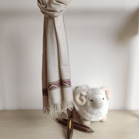Hand Woven Merino Wool Kullu Stole - Beige2 - Bhuttico Shawls