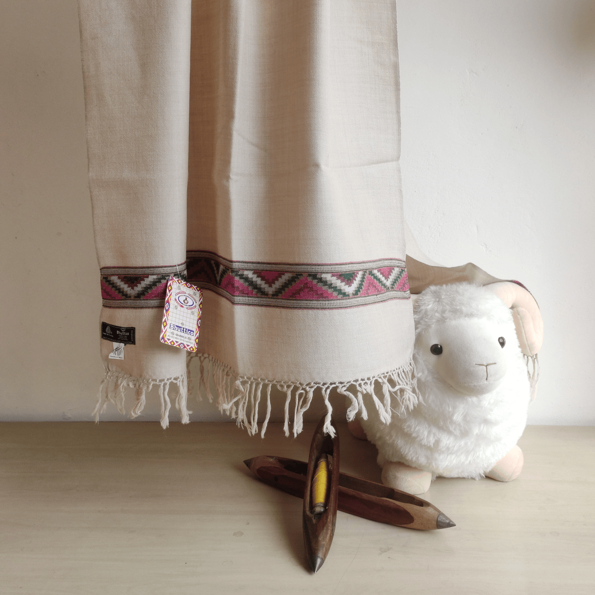 Hand Woven Merino Wool Kullu Stole - Beige2 - Bhuttico Shawls