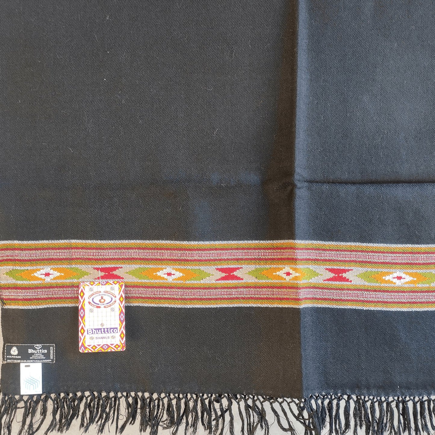 Hand Woven Polywool Kullu Stole - (393) Black - Bhuttico Shawls