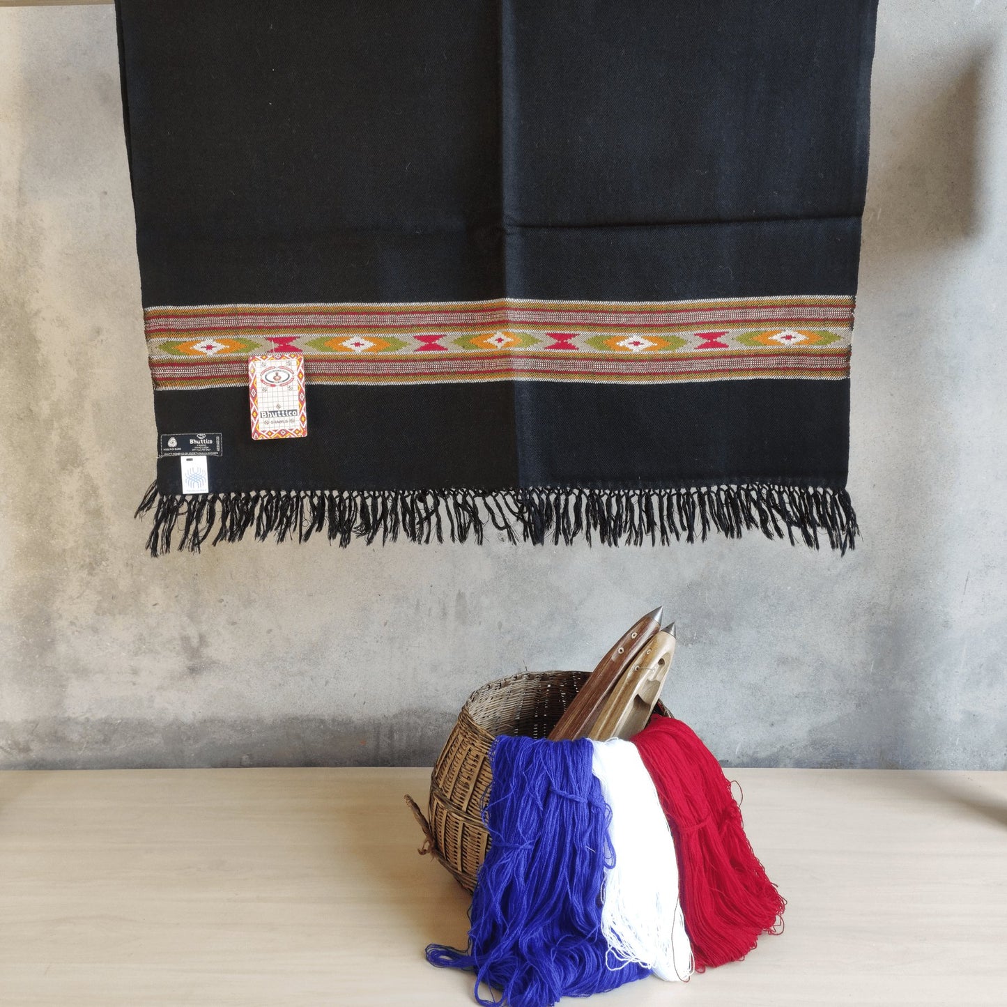 Hand Woven Polywool Kullu Stole - (393) Black - Bhuttico Shawls