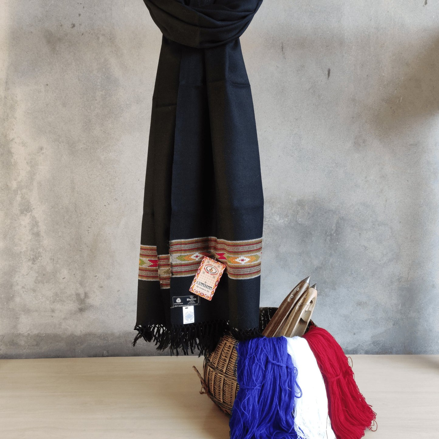 Hand Woven Polywool Kullu Stole - (393) Black - Bhuttico Shawls
