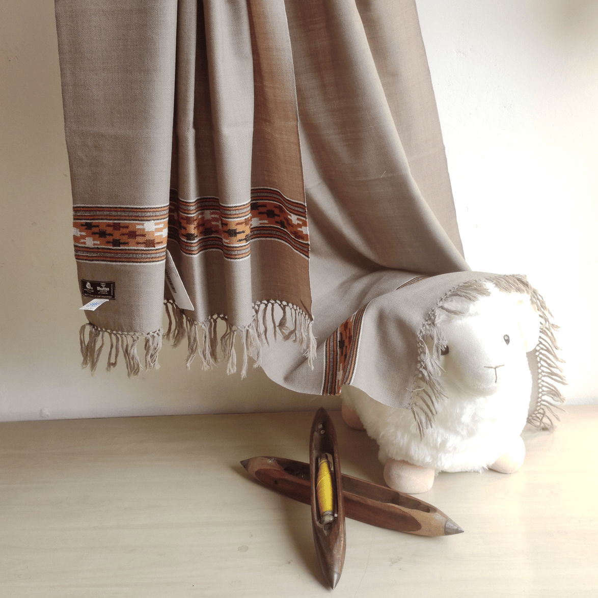 Hand Woven Polywool Kullu Stole - Beige - Bhuttico Shawls