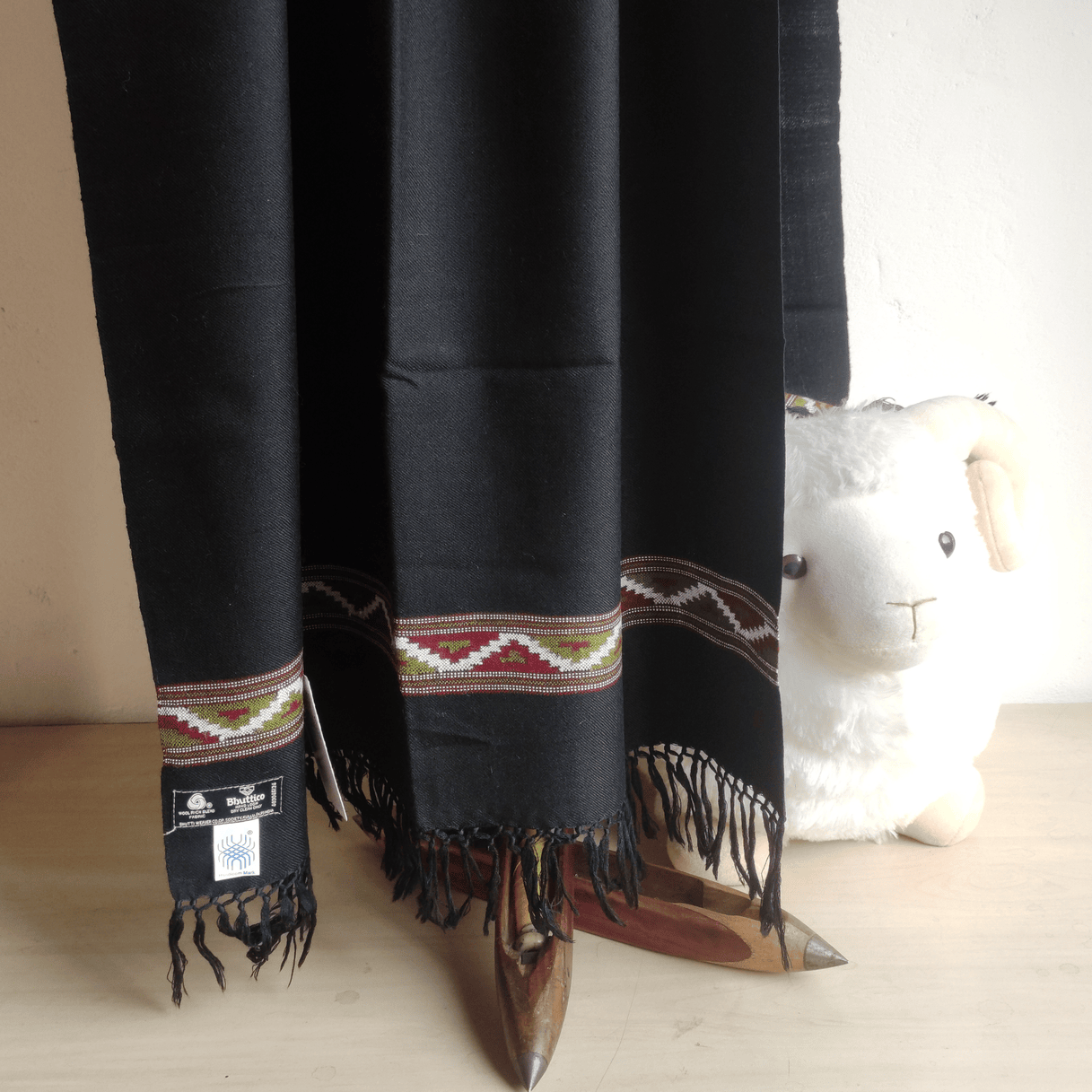 Hand Woven Polywool Kullu Stole - Black - Bhuttico Shawls