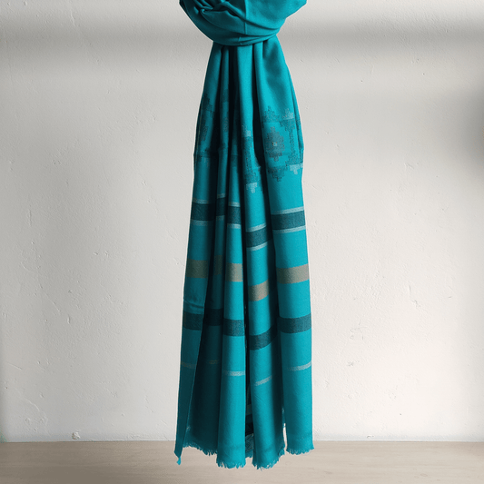 Hand Woven Pure Merino Wool Kullu Shawl - Blue - Bhuttico Shawls
