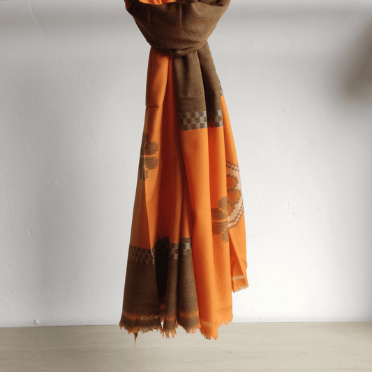 Hand Woven Pure Merino Wool Kullu Shawl - Orange - Bhuttico Shawls