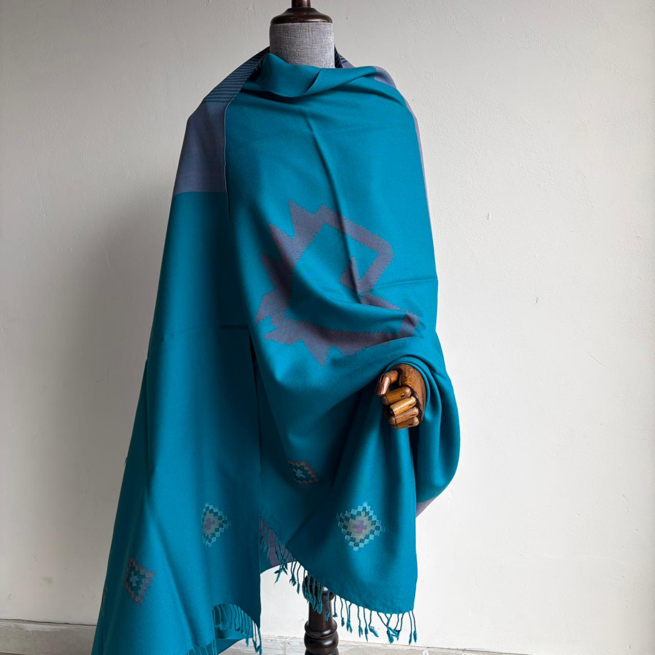 Hand Woven Pure Merino Wool Kullu Shawl-Blue