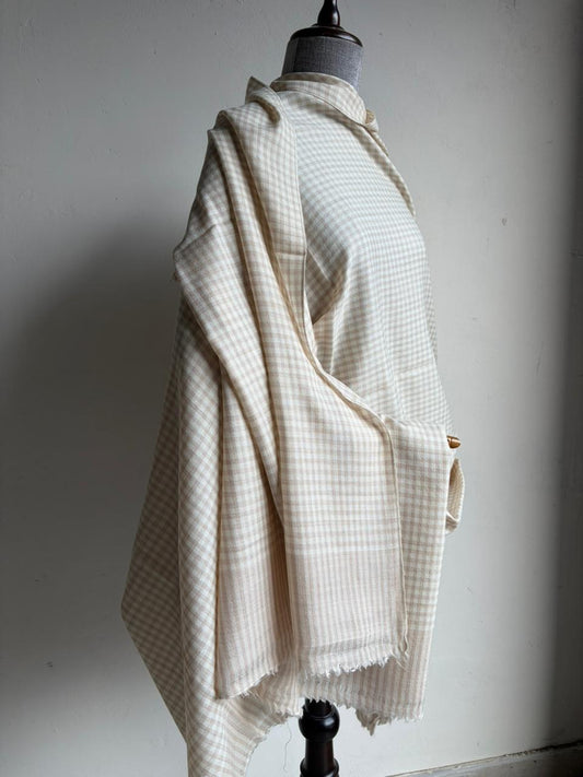 Handloom Pure Merino Wool Shawl (Beige and Cream) - Checked Design