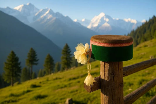 Green himachali cap on a wooden log in the mountains