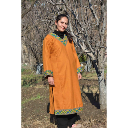 Mustard Merino Wool Himachali Pheran with Kullvi Topi Border
