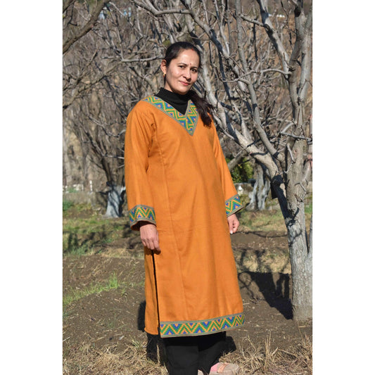 Mustard Merino Wool Himachali Pheran with Kullvi Topi Border