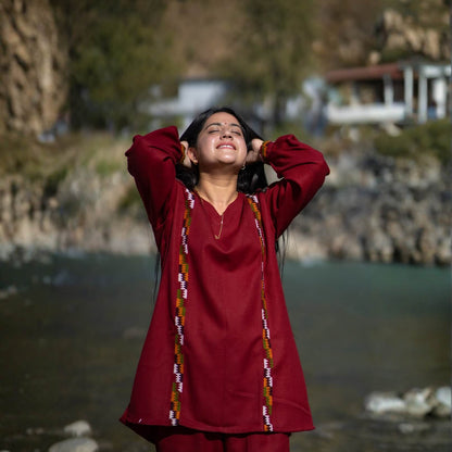 Merino Wool Co-ord Set for Women (Red with kangha Design Patti)