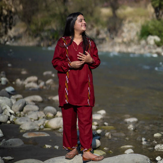 Merino Wool Co-ord Set for Women (Red with kangha Design Patti)