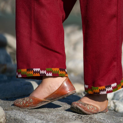 Merino Wool Co-ord Set for Women (Red with kangha Design Patti)