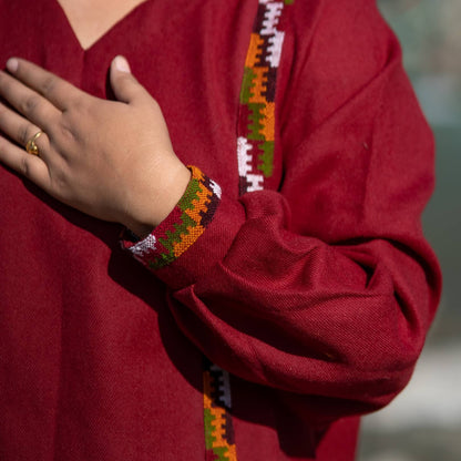 Merino Wool Co-ord Set for Women (Red with kangha Design Patti)