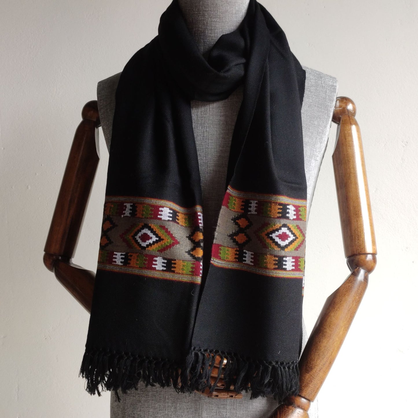 Hand Woven Pure Merino Wool Kullu Stole- Black