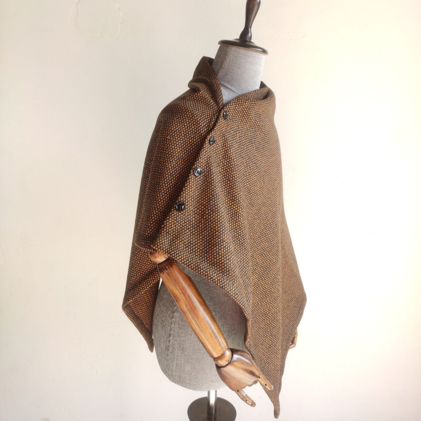 Herringbone Woolen Cape for Women (Black+ Mustard)