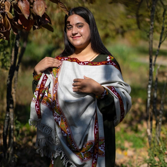 Pure Merino Wool Traditional Kullu Border Shawl - Grey