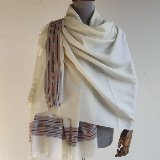 Hand Woven Pure Merino Wool Kullu Patti Shawl for Men- White (Loi)