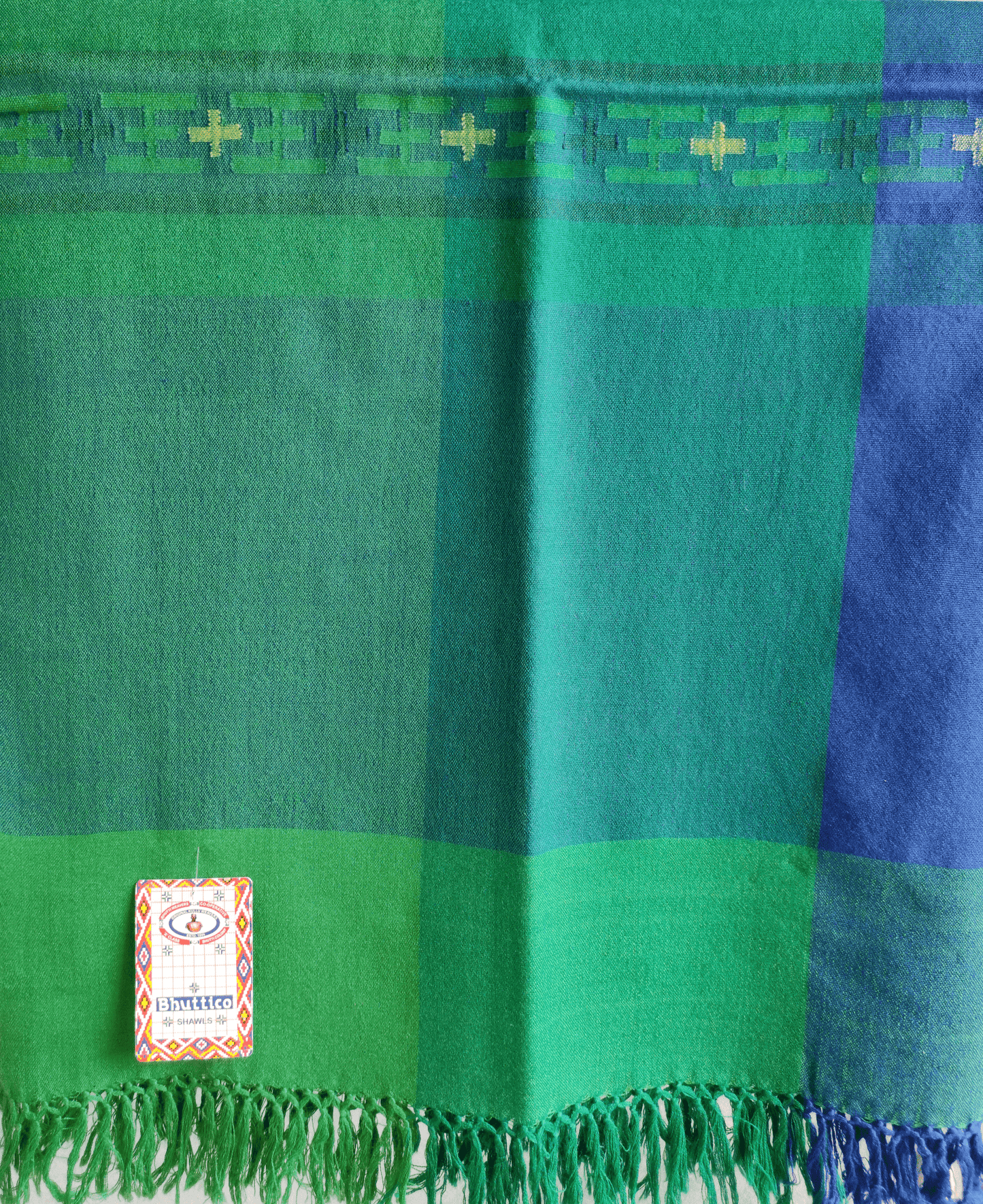 Hand Woven Pure Merino Wool Kullu Shawl (MANGALA 017) GREEN + BLUE