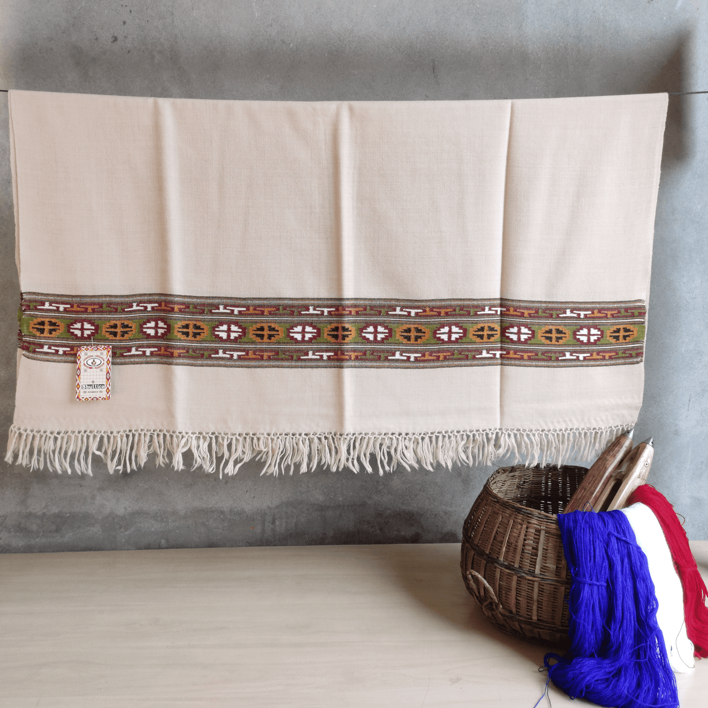 Hand Woven Pure Merino Wool Kullu Shawl - (BC 19)  Fawn