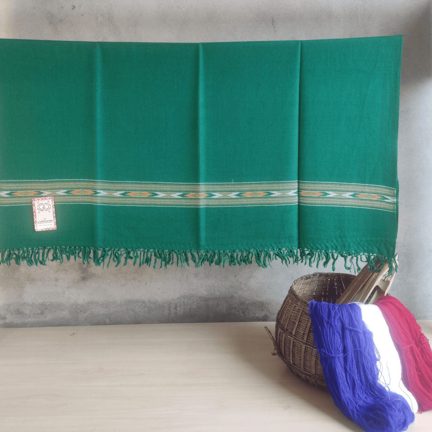 Hand Woven Pure Merino Wool Kullu Shawl - (393) Green