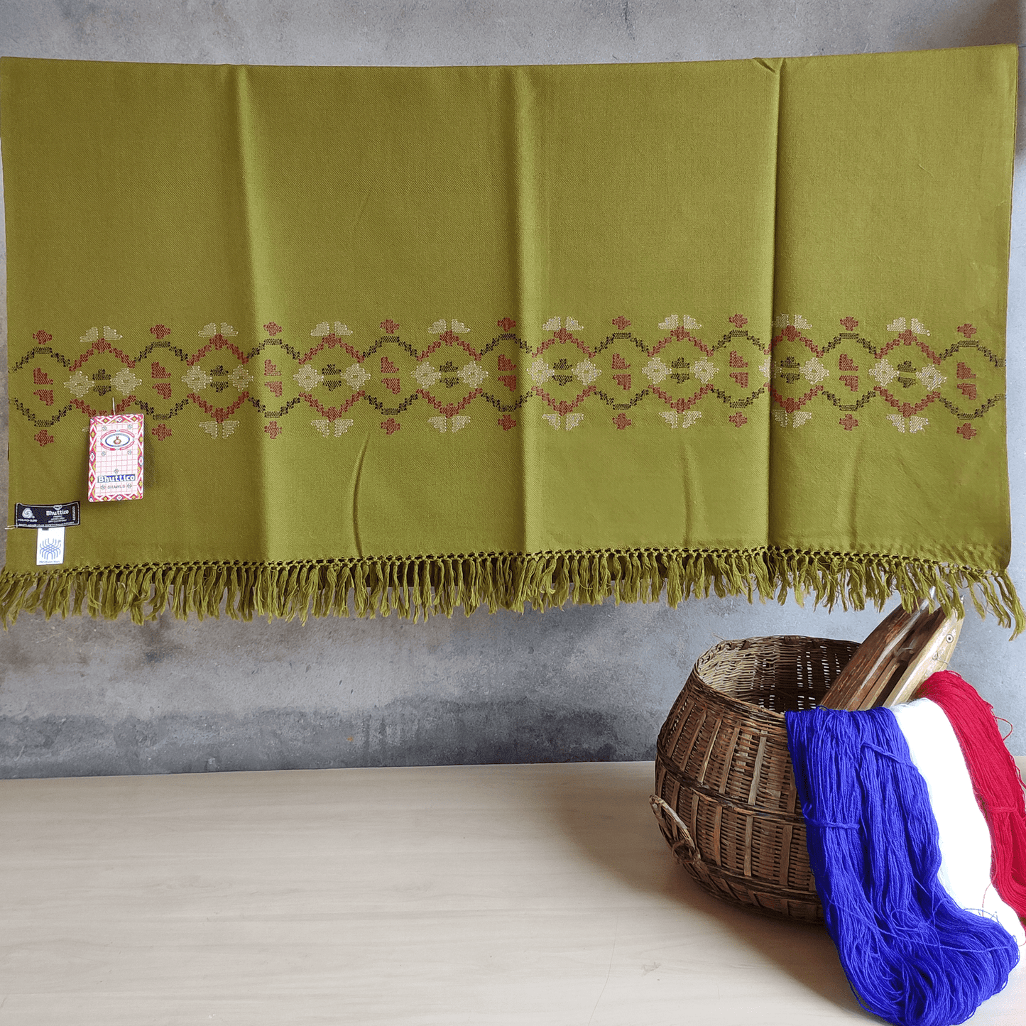 Hand Woven Pure Merino Wool Kullu Shawl- (214) Green