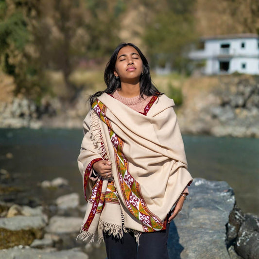 Hand Woven Pure Merino Wool Kullu Shawl - Beige