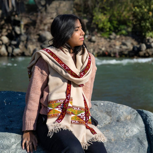 Hand Woven Pure Merino Wool Kullu Shawl - Beige