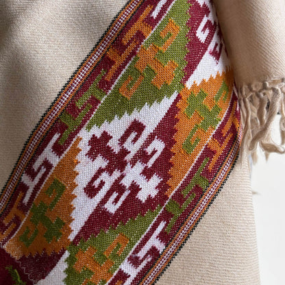 Motif of Beige Pure merino Kullu shawl with patterned edge 