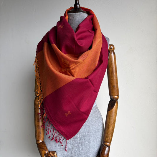 Hand Woven Pure Merino Wool Kullu Stole- Red and Orange