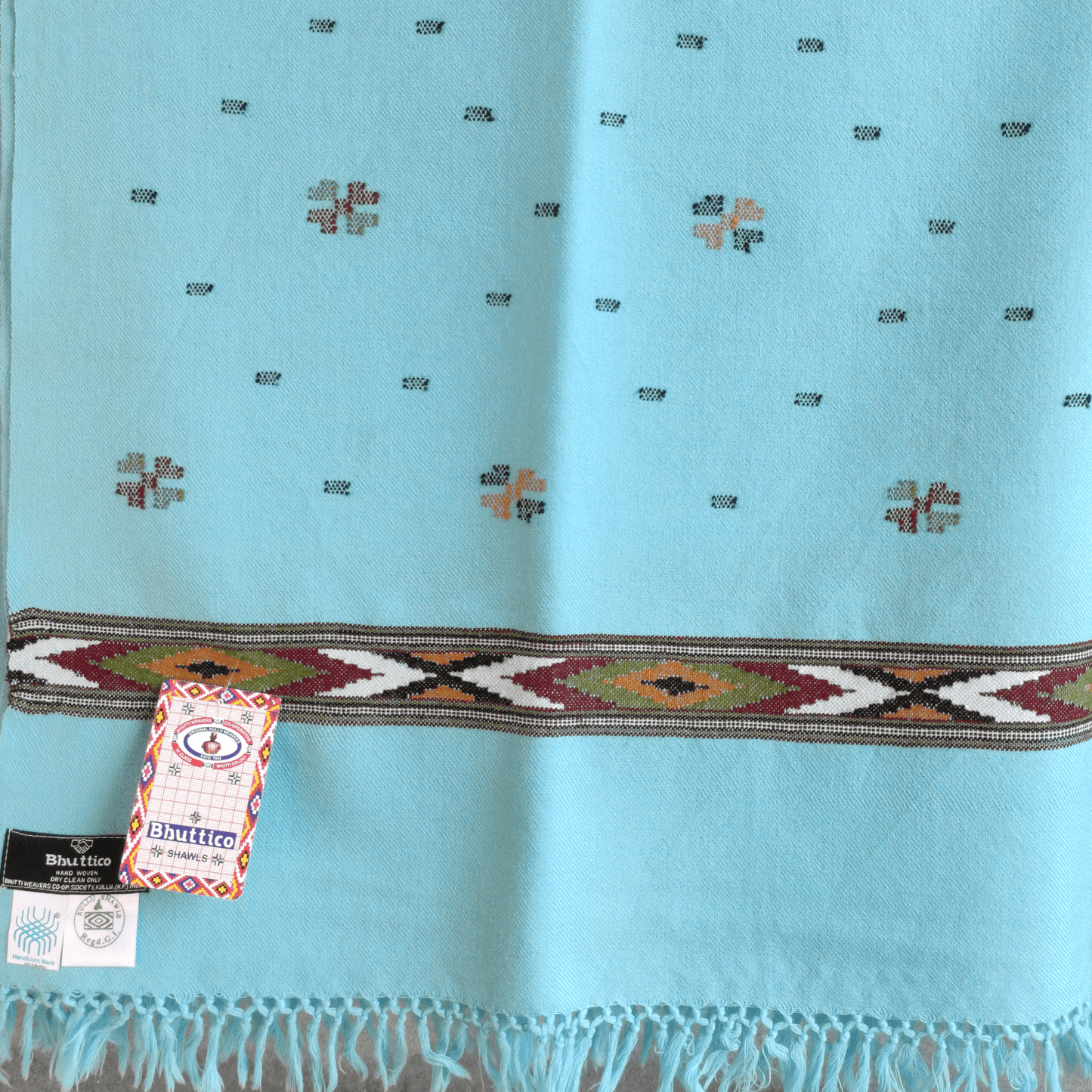 Hand Woven Pure Merino Wool Kullu Shawl- Sky Blue