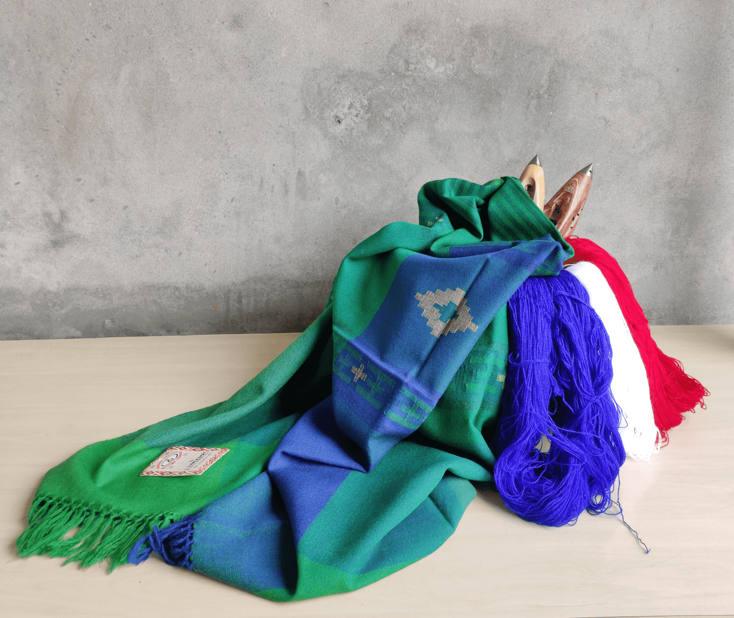 Hand Woven Pure Merino Wool Kullu Shawl (MANGALA 017) GREEN + BLUE