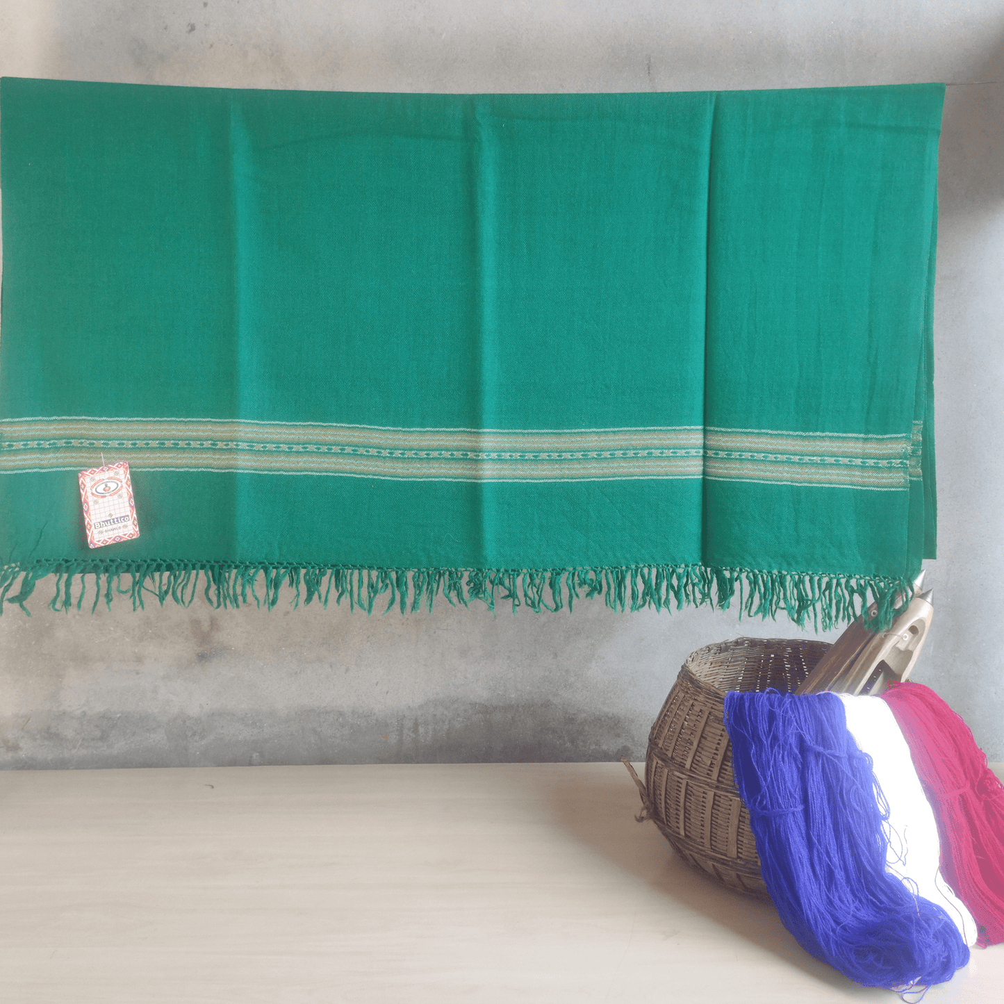 Hand Woven Pure Merino Wool Kullu Shawl- (450) Green