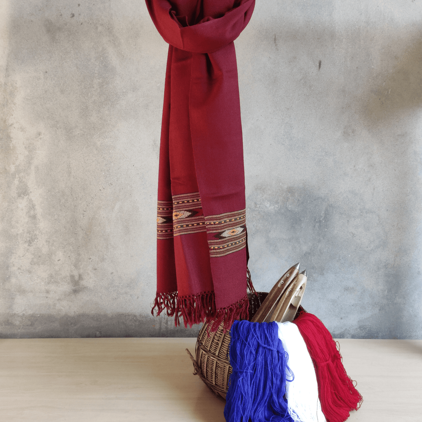 Hand Woven Pure Merino Wool Kullu Stole-(396) Maroon