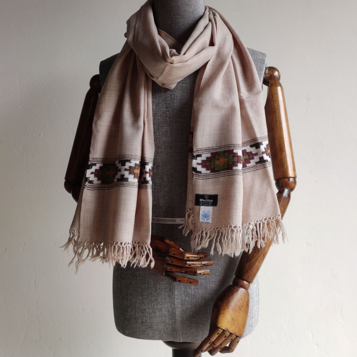 Hand Woven Nylon + Wool Kullu Stole- Beige