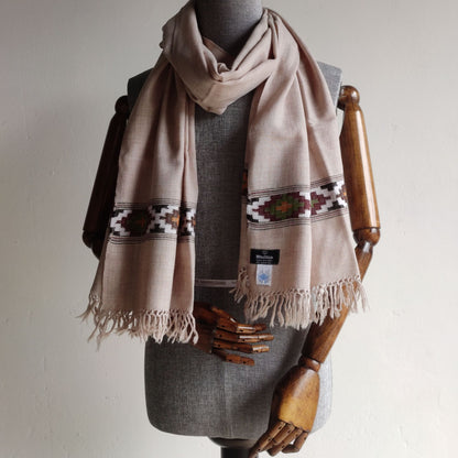 Hand Woven Nylon + Wool Kullu Stole- Beige