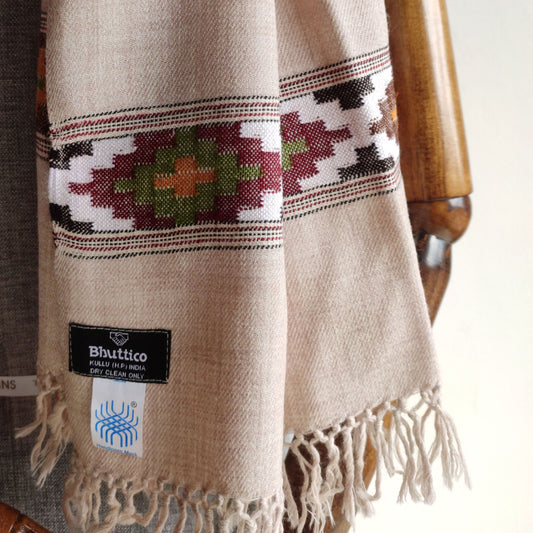 Hand Woven Non Australian Wool Kullu Stole- Beige