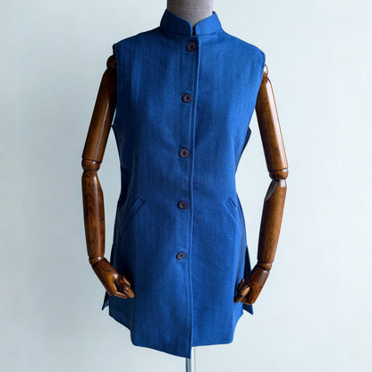 Women’s Long Merino Wool Nehru Jacket – Blue (Half Sleeve)