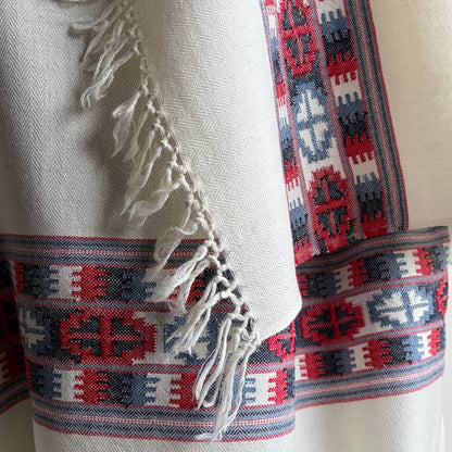 Motif on Hand wovem pure merino wool Shawl - white