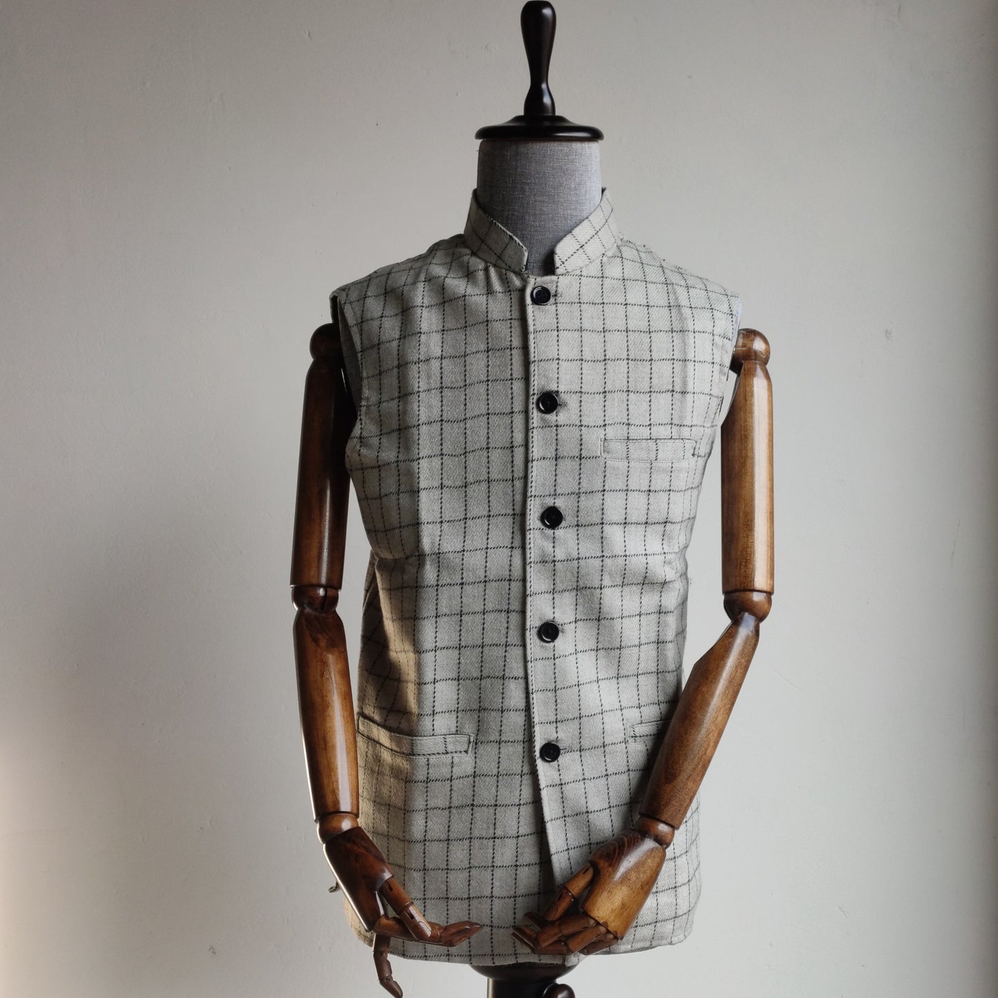 Men's Grey Check Woolen Nehru Jacket