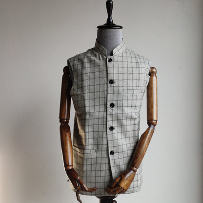 Men's Grey Check Woolen Nehru Jacket