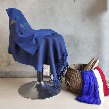 Hand Woven Pure Merino Wool Kullu Shawl - (Kaza 017) Blue