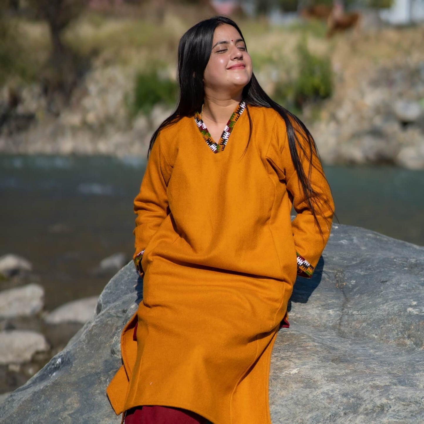 Mustard Merino Wool Himachali Pheran with Kullu Patti Border – Handcrafted Winterwear