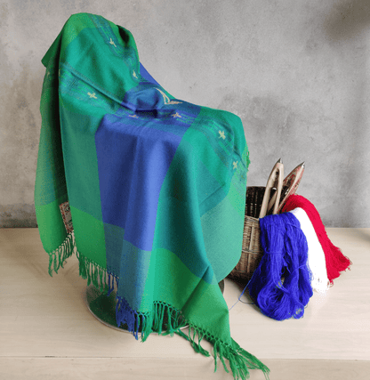 Hand Woven Pure Merino Wool Kullu Shawl (MANGALA 017) GREEN + BLUE