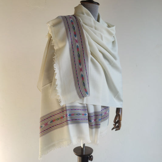 Hand Woven Pure Merino Wool Kullu Patti Shawl for Men- White (Loi)