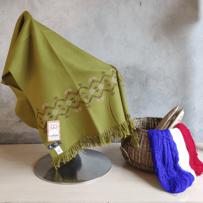 Hand Woven Pure Merino Wool Kullu Shawl- (214) Green