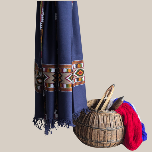 Hand Woven Pure Merino Wool Kullu Stole- Navy blue