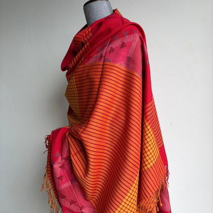 Handloom Pure Merino Wool Shawl (Red and Mustard)
