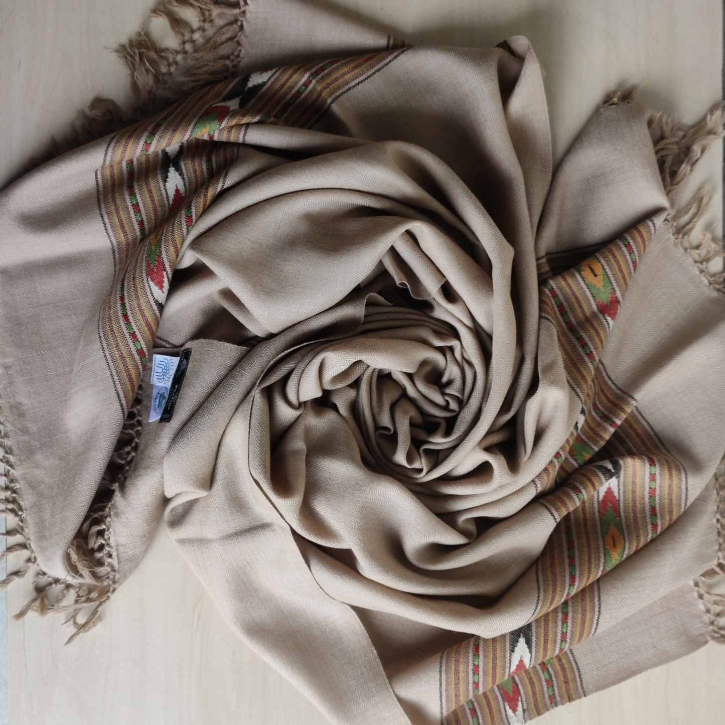 Hand Woven Pure Merino Wool Kullu Shawl-Beige