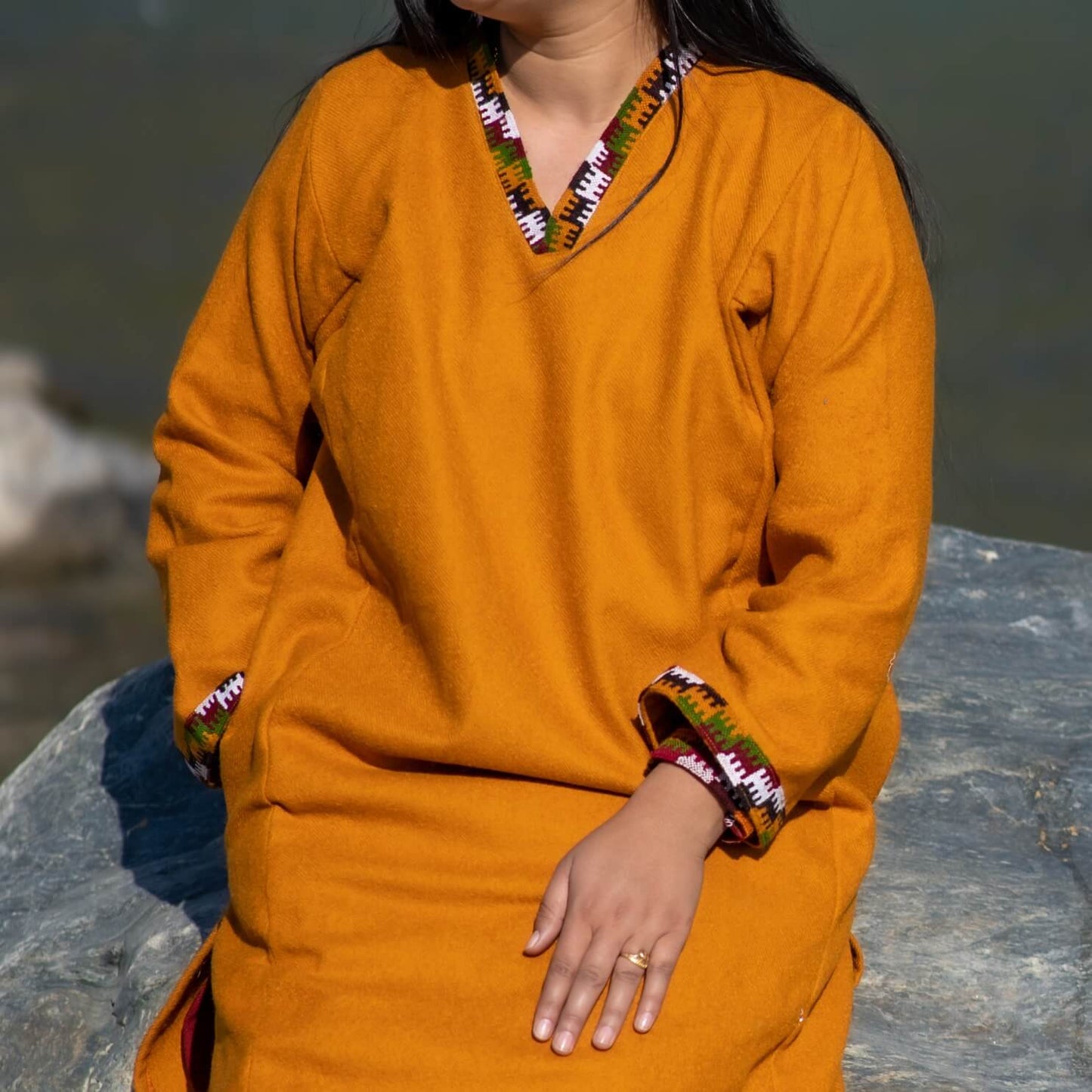 Mustard Merino Wool Himachali Pheran with Kullu Patti Border – Handcrafted Winterwear